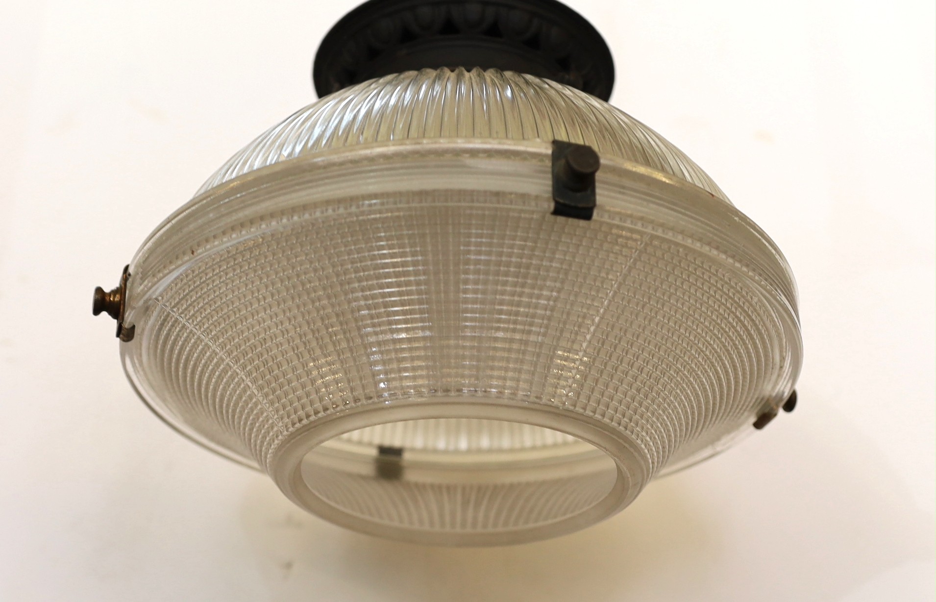 An early 20th century ribbed glass light pendant, height 26cm. width 26cm